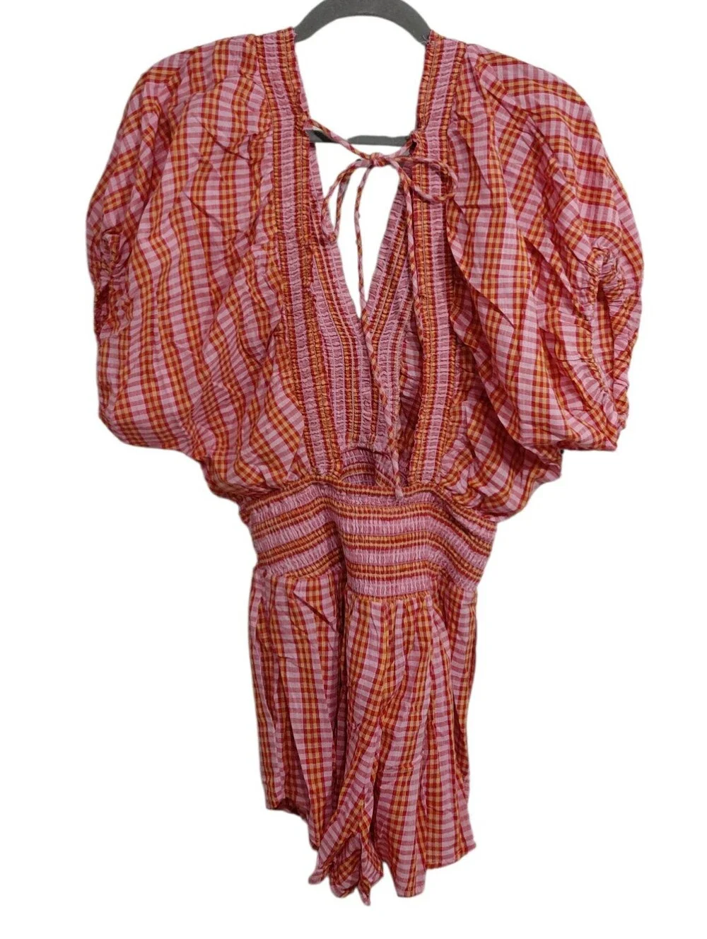 Anthropologie Pink and Orange Plaid Puff-Sleeve Blouse